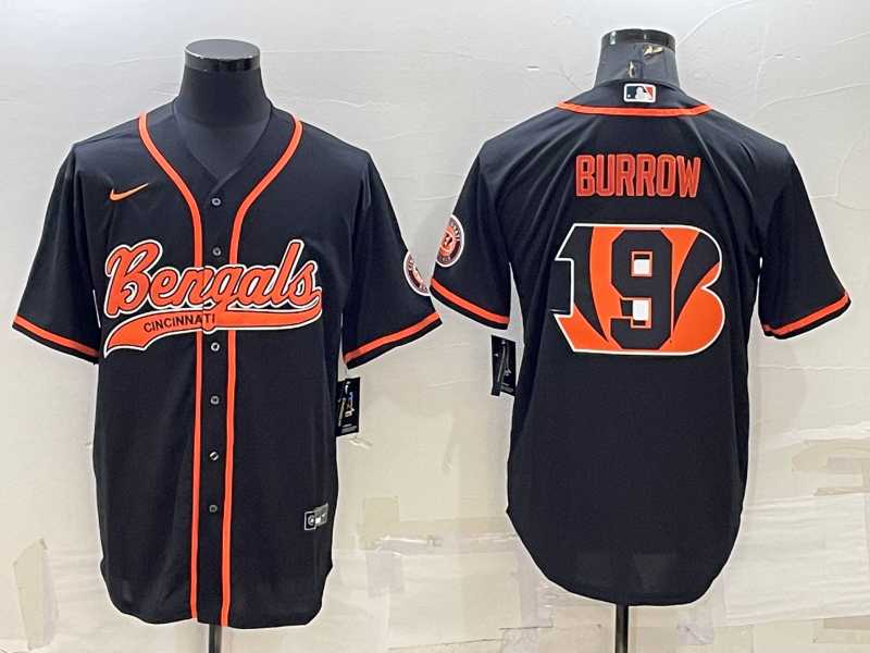 Men%27s Cincinnati Bengals #9 Joe Burrow Black Team Big Logo With Patch Cool Base Stitched Baseball Jersey